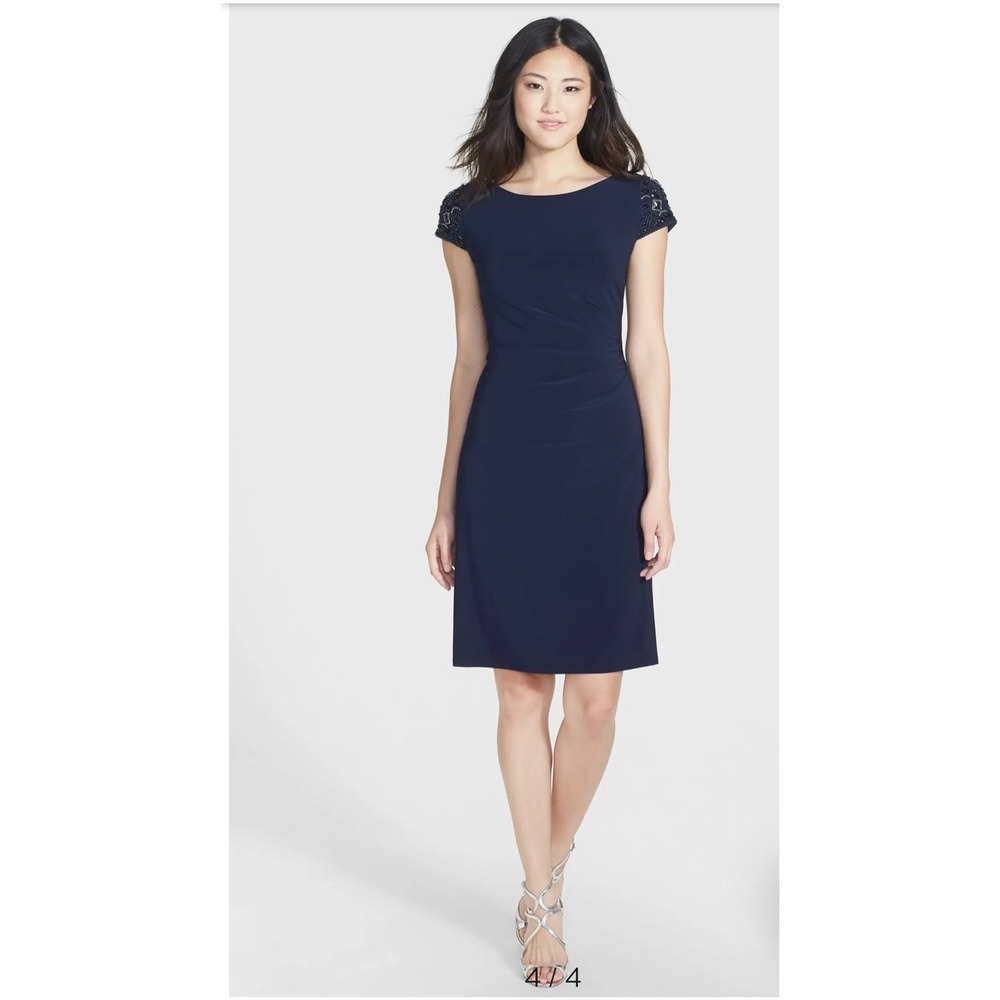 Eliza J Navy‎ Blue Beaded Cap Sleeve Ruched Sheath Dress Women's Size 8